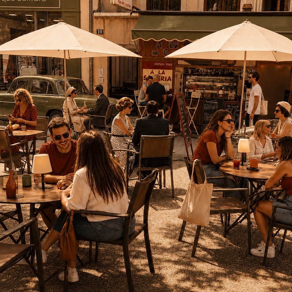 La terrasse animée de La Sangria à Nîmes, en fin d’après-midi